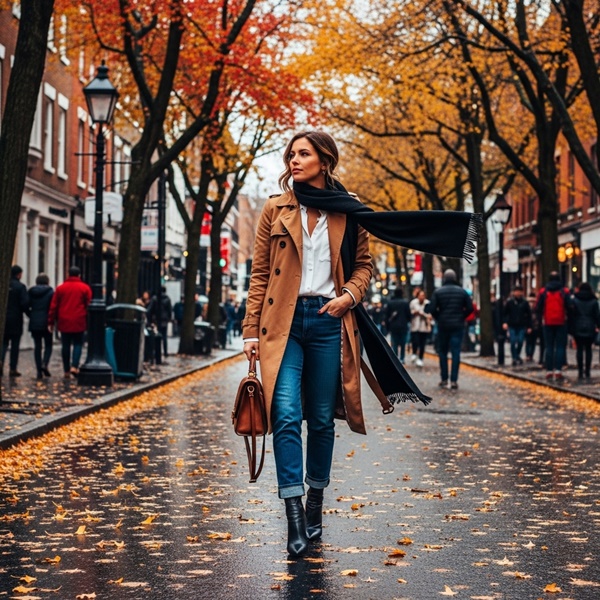 Look con jeans azules, trench coat beige y bufanda estampada