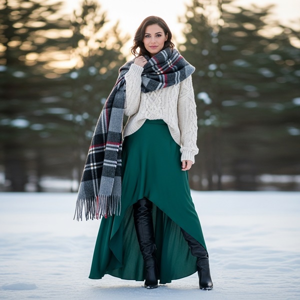 Falda plisada y suéter grueso combinados con botas altas