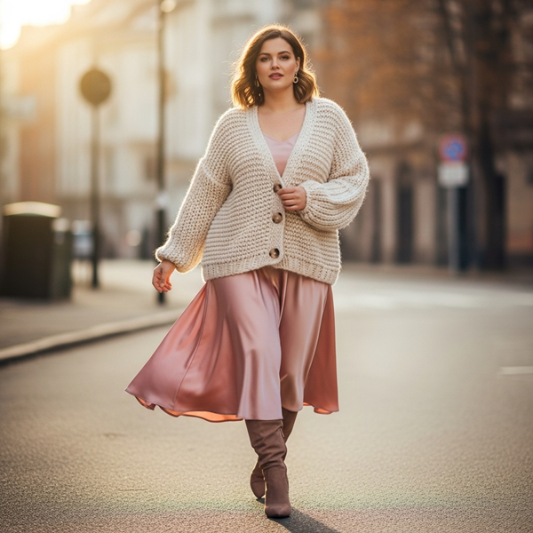 Falda satinada con cardigan chunky y botas altas en look sofisticado de invierno
