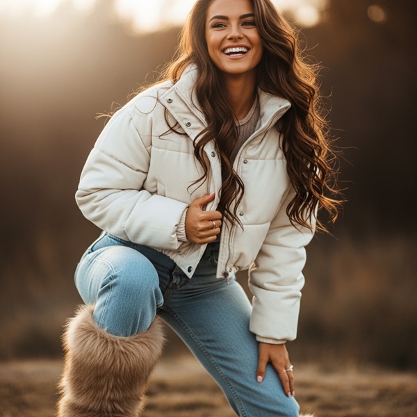Look après-ski con botas peluche, mini puffer y jeans rectos