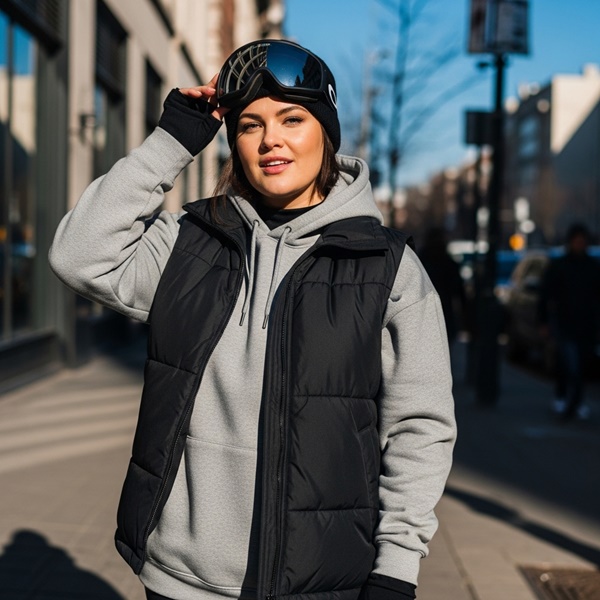 Look après-ski con sudadera, chaleco acolchado y gafas tipo goggles