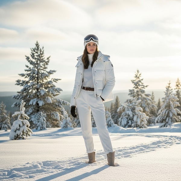 Look après-ski monocromático blanco con puffer y pantalón del mismo tono