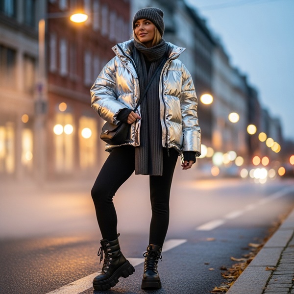 Look après-ski con puffer XL y leggings térmicos para estilo urbano