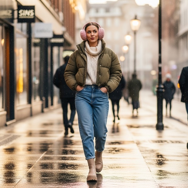 Look après-ski urbano con suéter grueso, orejeras y puffer corto