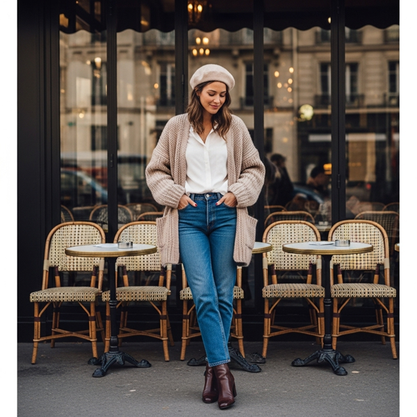 Cardigan oversized beige con jeans rectos y botines estilo clásico parisino