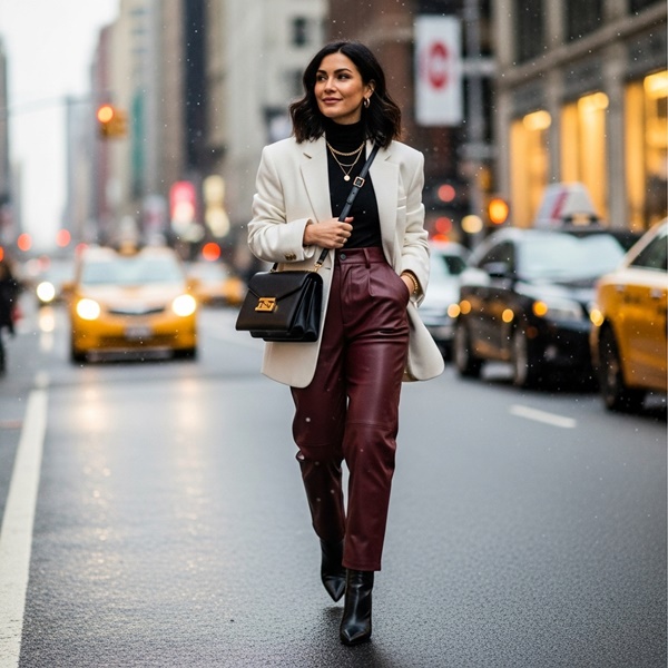 Pantalón de efecto piel y blazer oversize, estilo urbano invernal