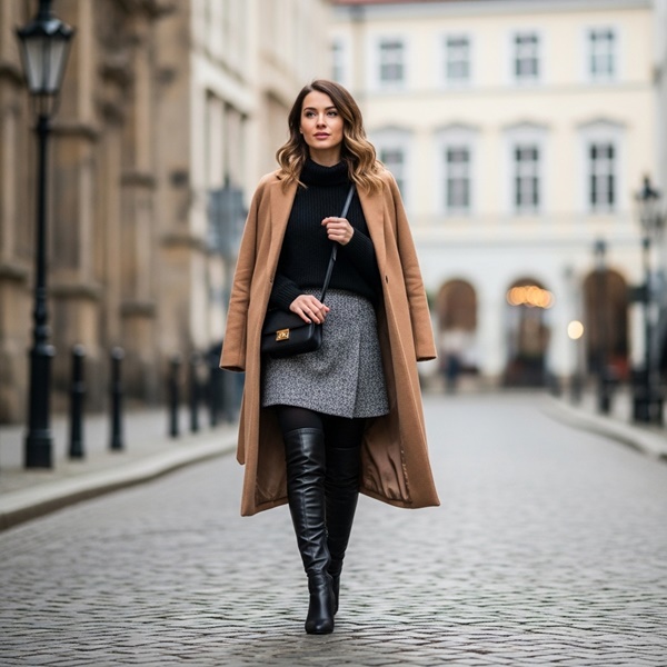 Look clásico con minifalda de lana, maxi botas negras y abrigo largo