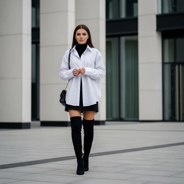 Conjunto monocromático con minifalda recta y maxi botas del mismo tono