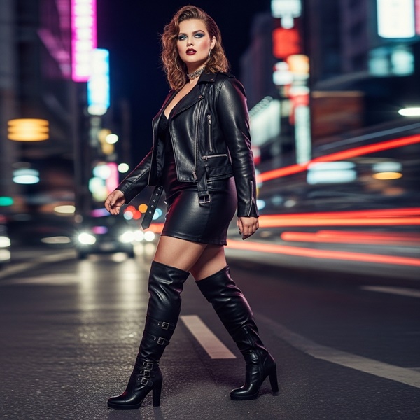 Minifalda de cuero con maxi botas de tacón y chaqueta biker estilo rockstar