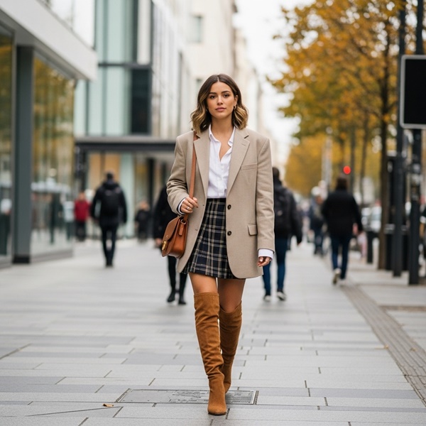 Minifalda de tablas con botas de gamuza y suéter estilo colegial
