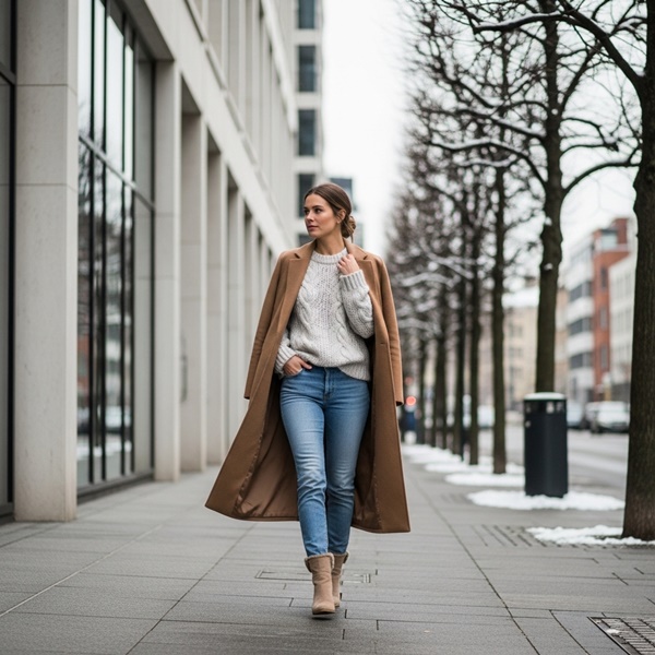 outfit minimalista con botas peluche, jeans rectos y abrigo camel