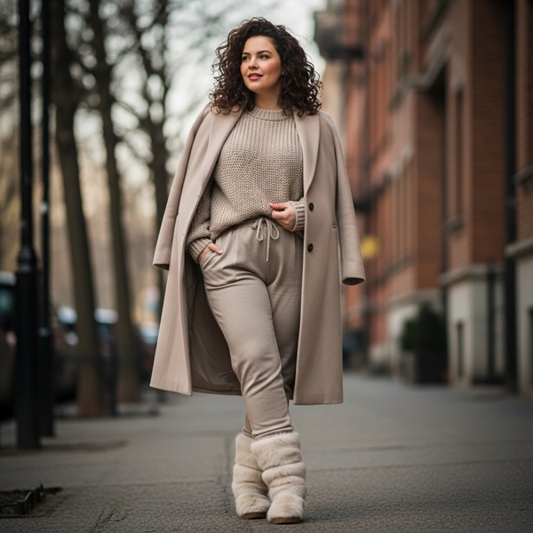 conjunto beige con botas peluche en tonos crema