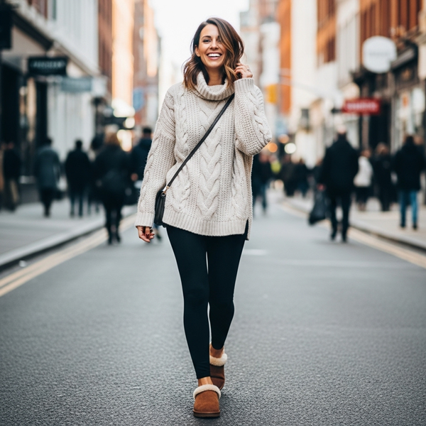 Mules peluche con leggings o joggers y suéter oversized en look athleisure cómodo