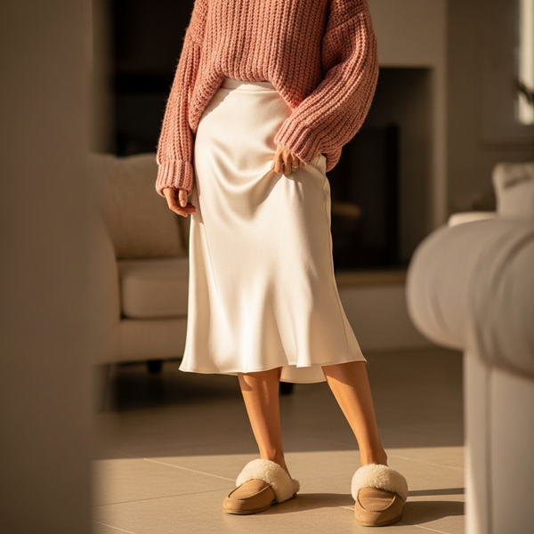 Mules peluche combinados con falda satinada y suéter de punto en look moderno y femenino