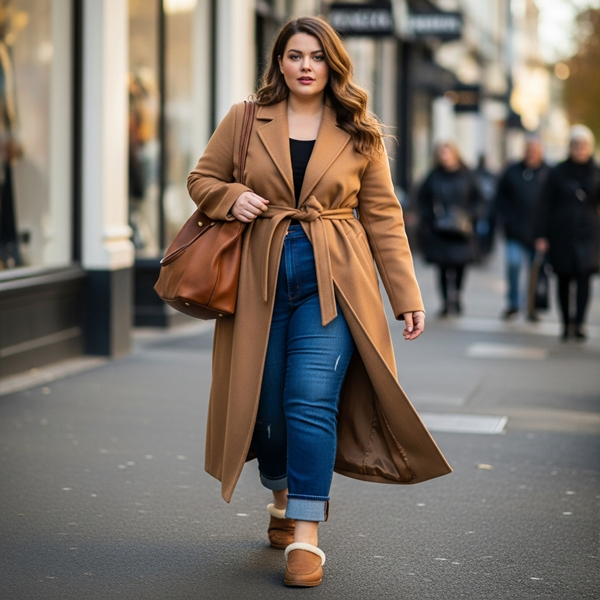 Mules peluche con jeans amplios y abrigo largo en look casual