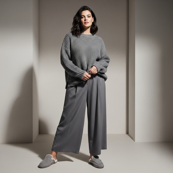 Conjunto monocromático beige o gris con mules peluche tono a tono estilo nórdico