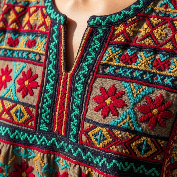 Diseño artesanal contemporáneo con bordados y técnicas tradicionales