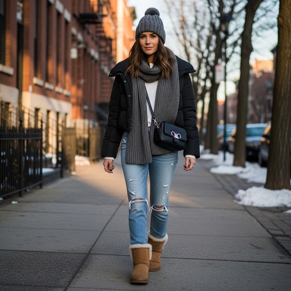jeans azules con camisa blanca y botas peluche