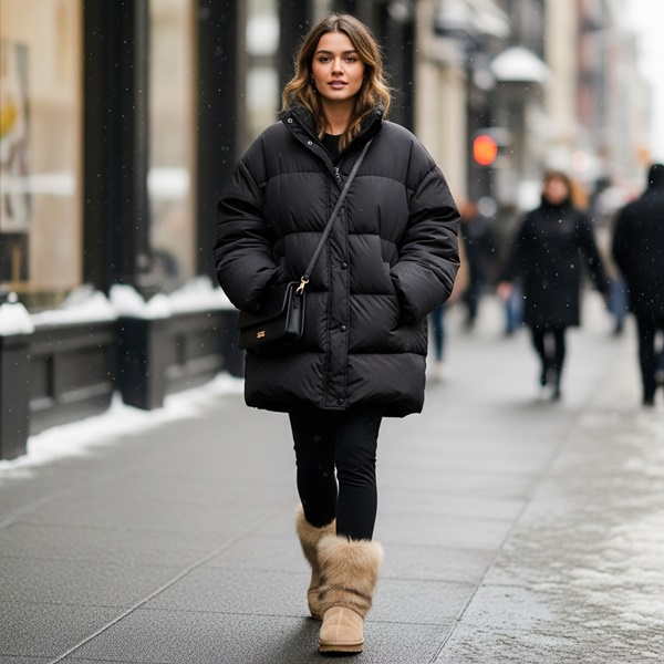 look cozy con puffer XL, leggings negros y botas peluche