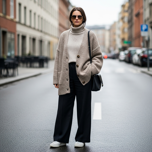 Cardigan oversized neutro con pantalones amplios y tenis blancos estilo escandinavo