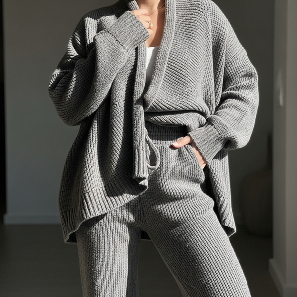 Conjunto monocromático de punto con cardigan oversized en look cozy chic