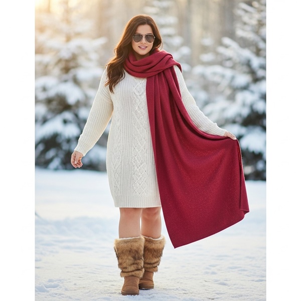 look cozy-chic con vestido tejido, maxi bufanda y botas peluche