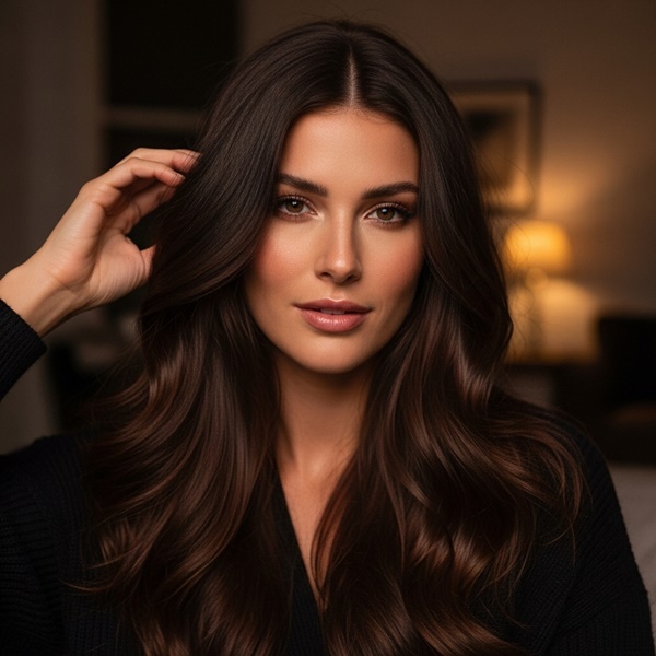 Cabello color chocolate profundo, tendencia elegante para 2026