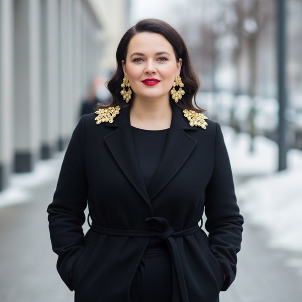 Look total black minimalista con accesorios statement que elevan el outfit invernal