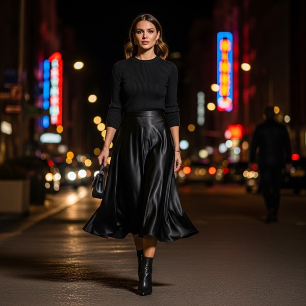 Look total black con falda satinada y prendas opacas para un efecto de brillo moderno