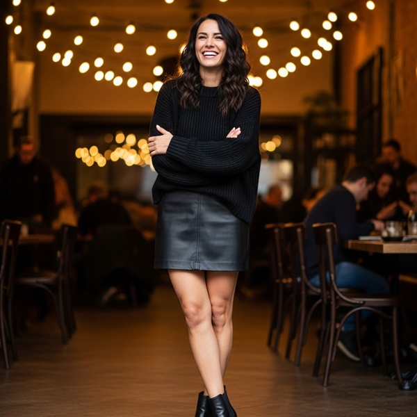 Outfit total black con pantalón de cuero y suéter de lana para un look equilibrado y sofisticado