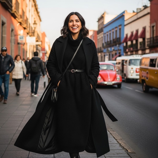 Look negro de punto con abrigo estructurado para un estilo cómodo y elegante