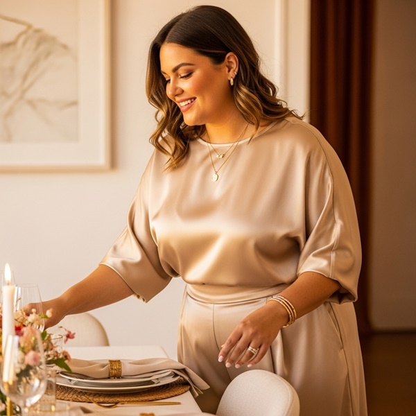 Look navideño en tonos neutros luminosos como beige y champagne