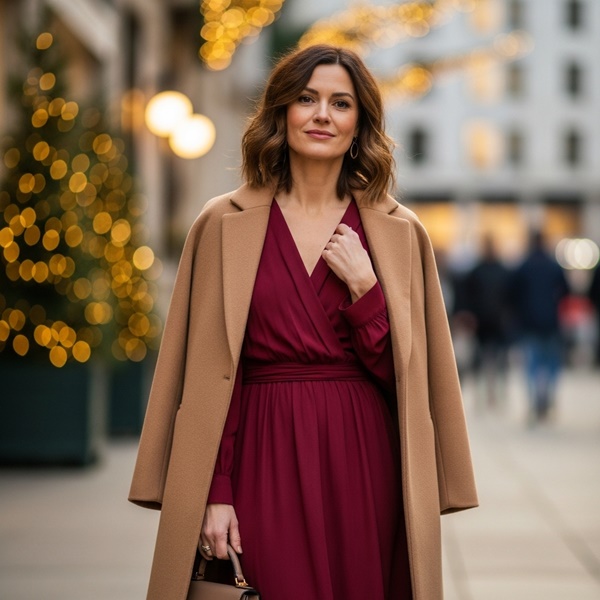 Outfit navideño en rojo moderno en tonos vino y borgoña