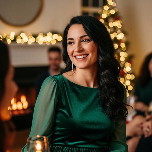Outfit navideño en verde profundo o esmeralda en terciopelo o satén