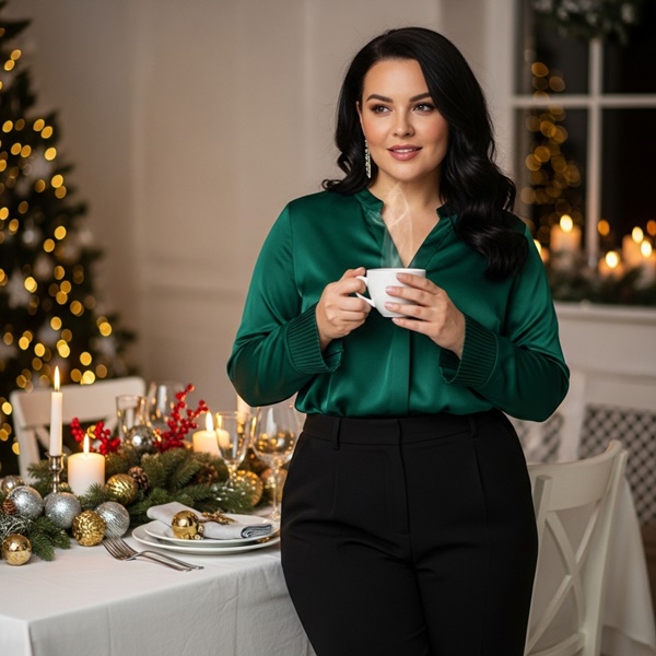 Pantalón formal combinado con blusa relajada en un look festivo sostenible