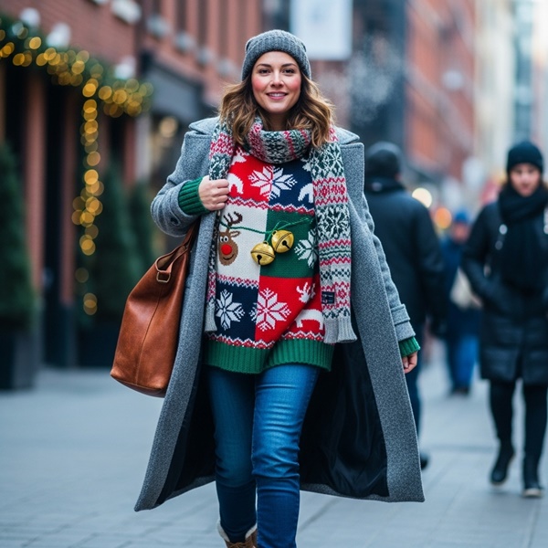 Ugly sweater usado con abrigo largo en un look de invierno con capas