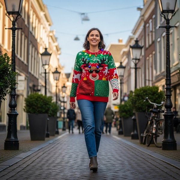 Ugly sweater combinado con jeans rectos para un look casual y equilibrado
