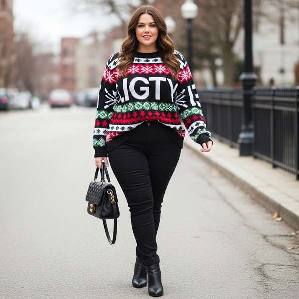 Ugly sweater con pantalón negro y botas para un look navideño estilizado