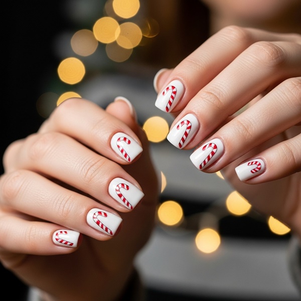 Uñas navideñas blancas con detalles rojos fáciles