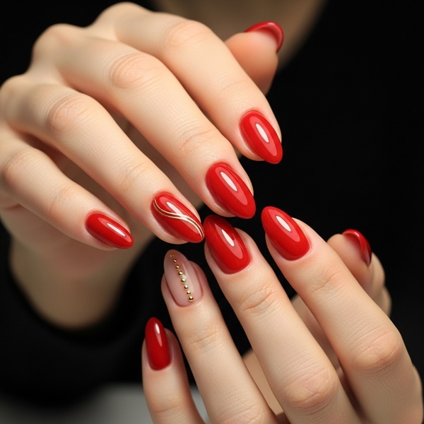 Uñas navideñas rojas con detalle dorado minimal hechas en casa