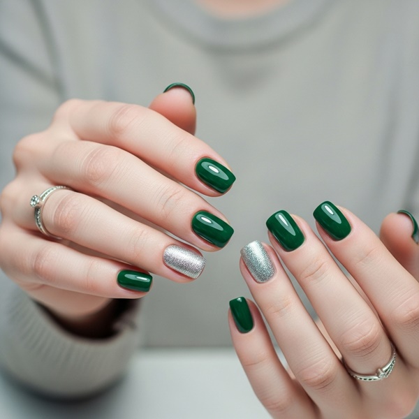 Uñas navideñas verdes con uña acento glitter