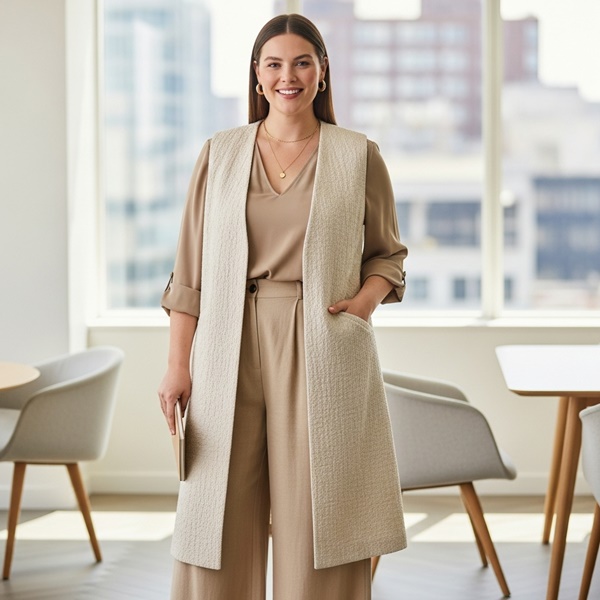 Chaleco largo con pantalón ancho para oficina en invierno