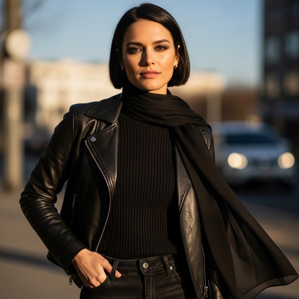 Look total black con texturas y cortes relajados, tendencia 2026