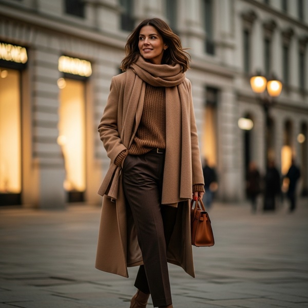 Look en tonos tierra como café y camel, tendencia de moda 2026