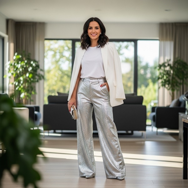 Pantalones con brillo combinados con playera básica y blazer