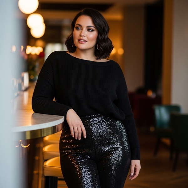 Look total black con pantalones negros con brillo y textura