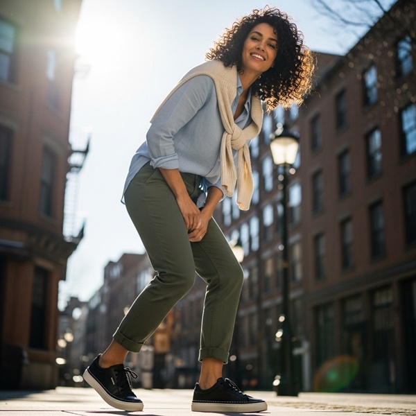 Outfit smart casual con tenis negros en piel