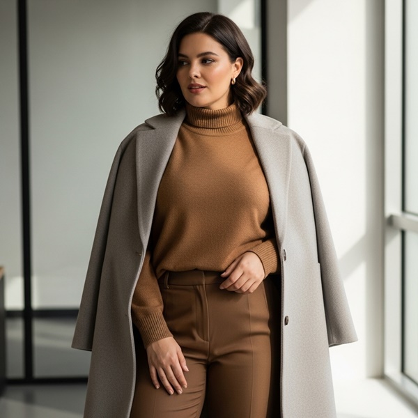 Total look en tonos tierra con abrigo en contraste para oficina en invierno