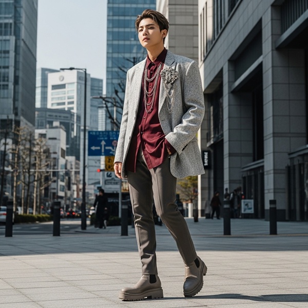 Look en tonos neutros y acento de color, como V de BTS