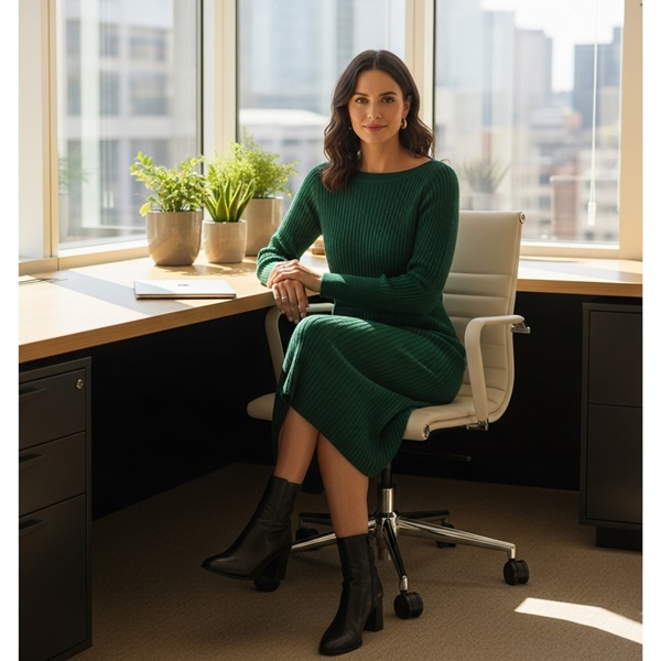 Vestido midi de punto con botas cómodas para oficina en invierno